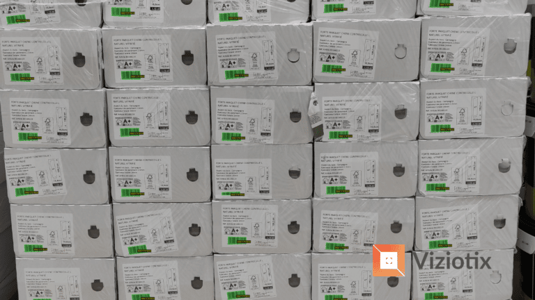 Many boxes on a pallet. Viziotix scan a number of barcodes with the barcode scanner SDK with Viziotix Maxi-Scan