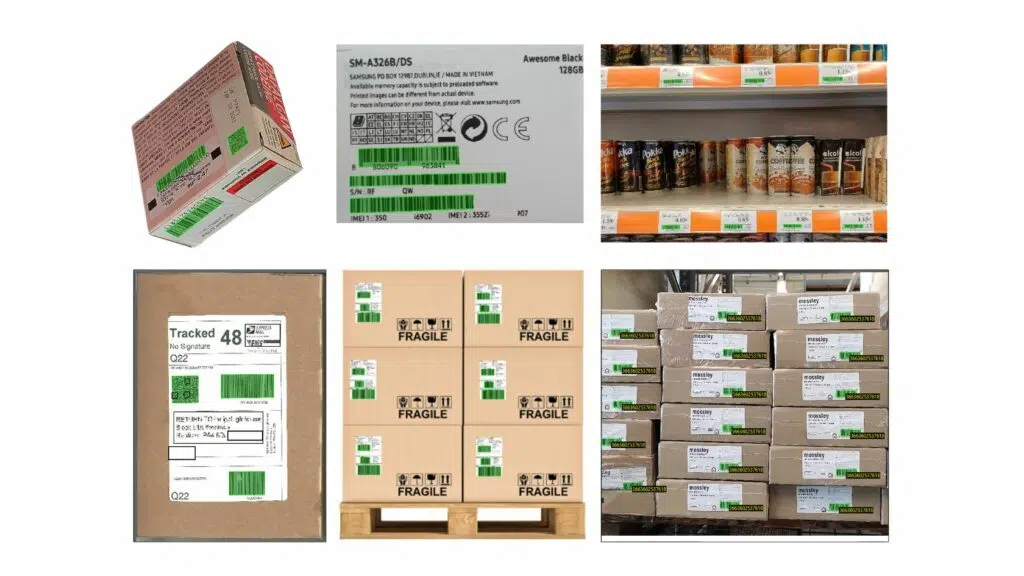 Scan multiple barcodes at once with Maxi-Scan. Image shows various items with many barcodes on each item.