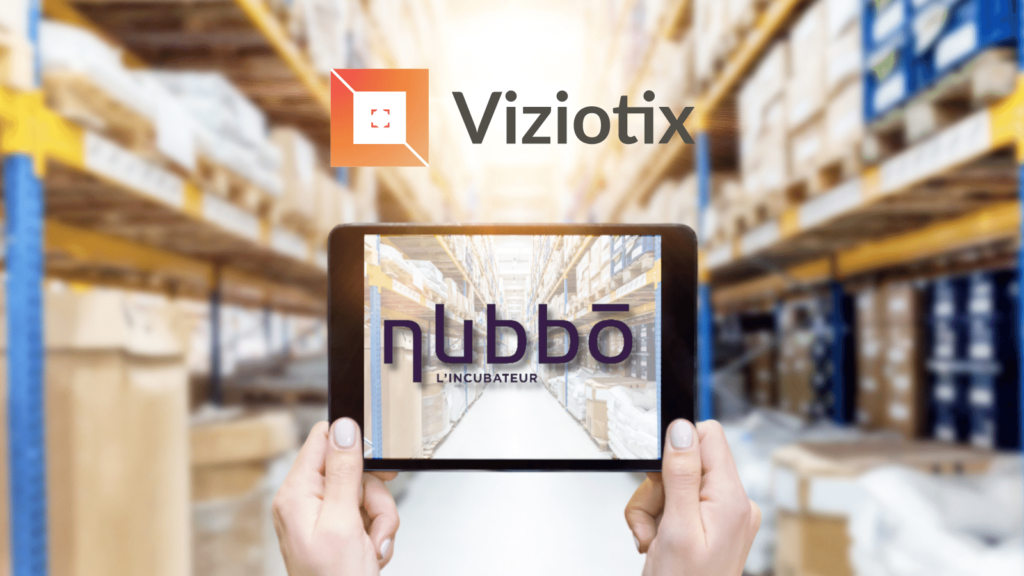 A warehouse racking system with pallets overlaid with the Viziotix and Nubbo logos