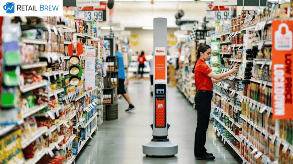 Simbe robotics Tally robot, retail inventory robots, in a grocery store to show how Viziotix barcode scanner SDK or Viziotix barcode decoder SDK or Viziotix barcode reader SDK can scan barcodes on shelves (shelf edge labels) in grocery stores.