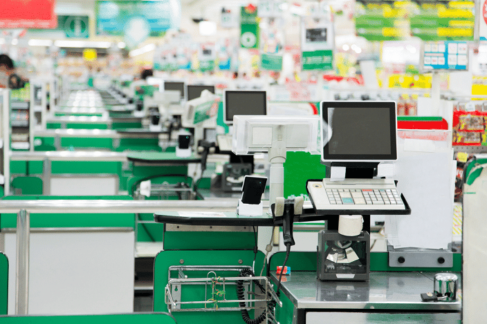 POS Checkout lanes in a Supermarket. UPC barcode scanner by Viziotix barcode scanner SDK. Viziotix barcode reader SDK. Viziotix barcode decoder SDK.