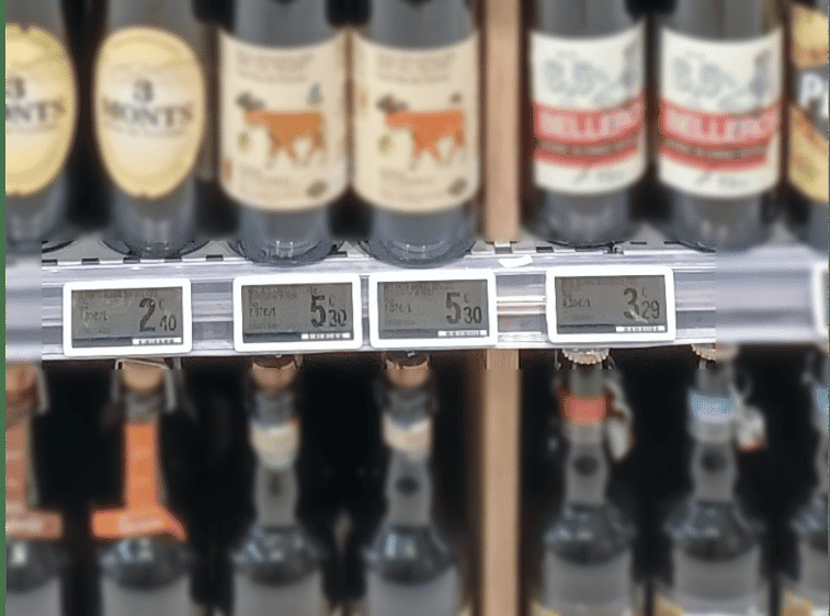 Items on a shelf in a supermarket showing the shelf-edge barcode label that needs to be scanned by retail inventory robots running the Viziotix barcode scanner SDK. Also known as Barcode Reader SDK or Barcode Decoder SDK.