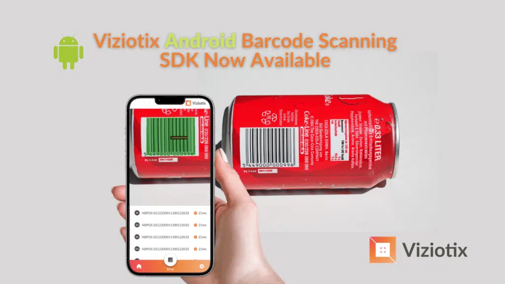 Android Barcode Scanner launched with cell phone or smartphone showing scanning of a barcode on a can of drink.