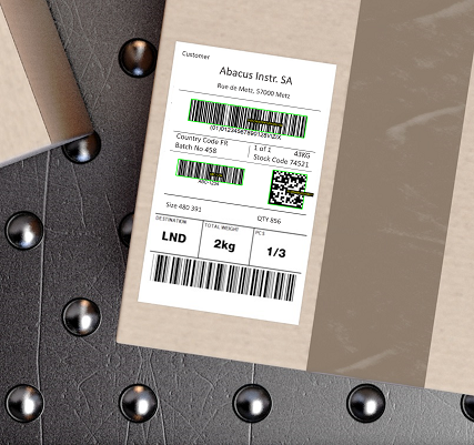 A parcel with a barcode label and green overlays that show barcodes scanned by the Viziotix warehouse inventory barcode scanner