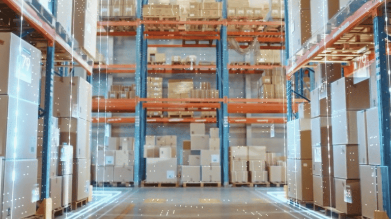 How to automate barcode scanning. Image of warehouse racks with electronic scanning overlay to show Viziotix automation barcode scanning SDK working