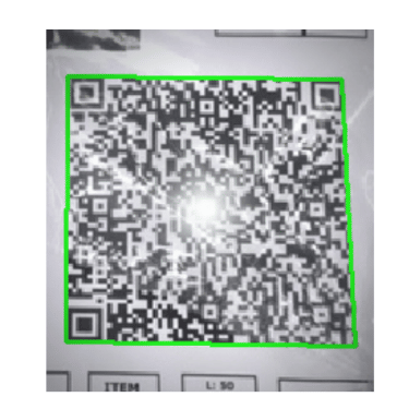 A QR code under a plastic cover being scanned by the Viziotix barcode SDK even with a large area of direct reflection that obscures the center of the barcode. For automation barcode scanning.