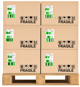 6 boxes on a pallet, each with a label with multiple barcodes. All the barcodes are highlighted in green to show scanning by Viziotix barcode scanner SDK. Viziotix barcode reader SDK. Viziotix barcode decoder SDK.