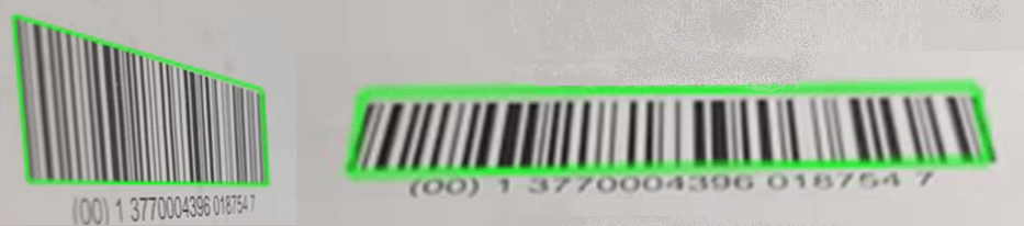 Two 1D barcodes showing skew and pitch relative to the camera. Both with green bounding box to show barcode scanning by Viziotix barcode scanner SDK. 6 boxes on a pallet, each with a label with multiple barcodes. All the barcodes are highlighted in green to show scanning by Viziotix barcode scanner SDK. Viziotix barcode reader SDK. Viziotix barcode decoder SDK.