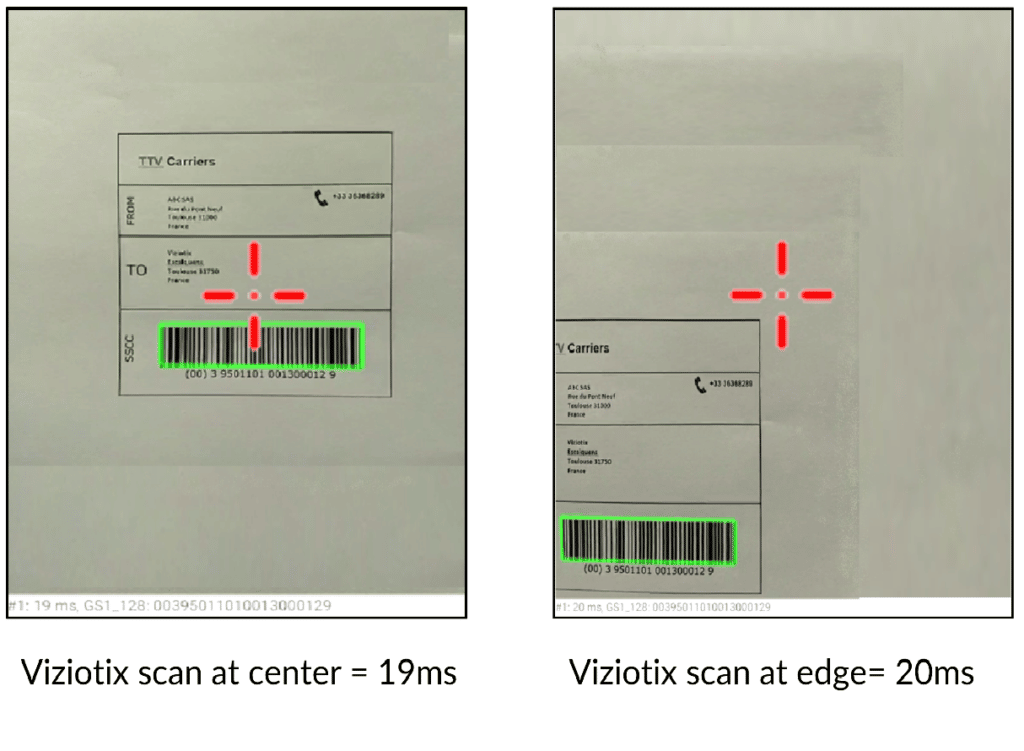 Two labels each with one barcode. In the first, the barcode is near the center. In the second the barcode is near the edge. Both are scanned in the same time by Viziotix barcode scanner SDK for automation barcode scanning. Viziotix barcode reader SDK. Viziotix barcode decoder SDK.
