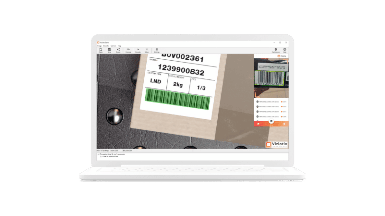 A laptop with the Viziotix Demo App on the screen showing the Viziotix Barcode Scanner SDK in action on a parcel barcode. Also known as Barcode Reader SDK or Barcode Decoder SDK.