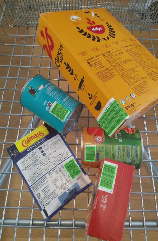 Basket of grocery items being scanned with UPC Barcode Scanner by Viziotix software