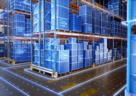 Image of a warehouse with racking system and pallets. The image is overlaid with a blue, electronic augmented reality to show data being analysed by Viziotix barcode scanning. Viziotix are experts in barcode scanning.