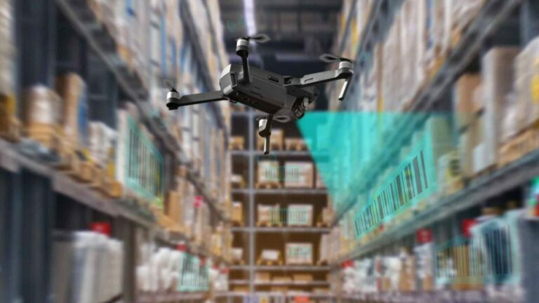 A warehouse aisle with racks of goods being barcode scanned by a drone with the Viziotix software barcode scanner.