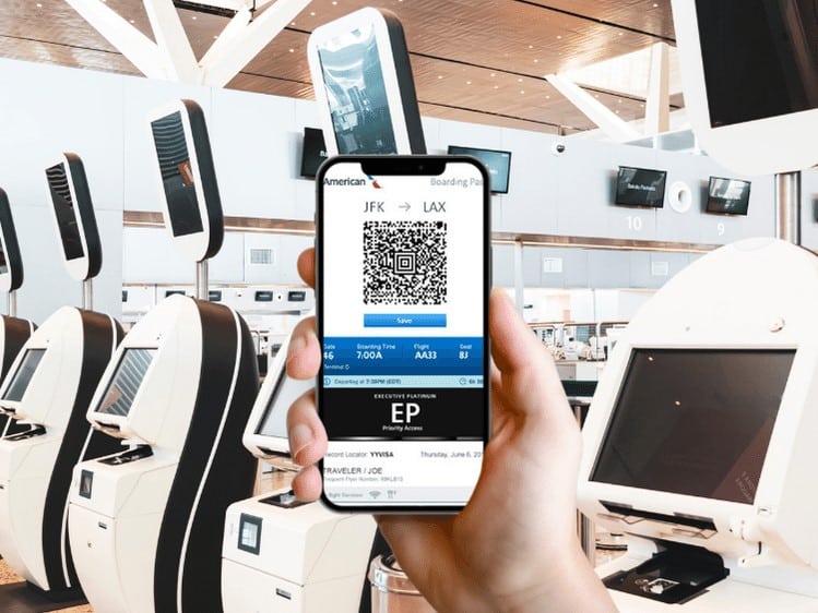 A smartphone with a barcode ticket showing on the screen. The background shows airport ticket desks. Allows user to scan barcodes on tickets.