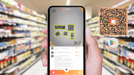 The Viziotix Barcode Scanner Demo app for Android. Smartphone screenshot showing barcodes being decoded in a retail store. Also known as Barcode Reader SDK or Barcode Decoder SDK.