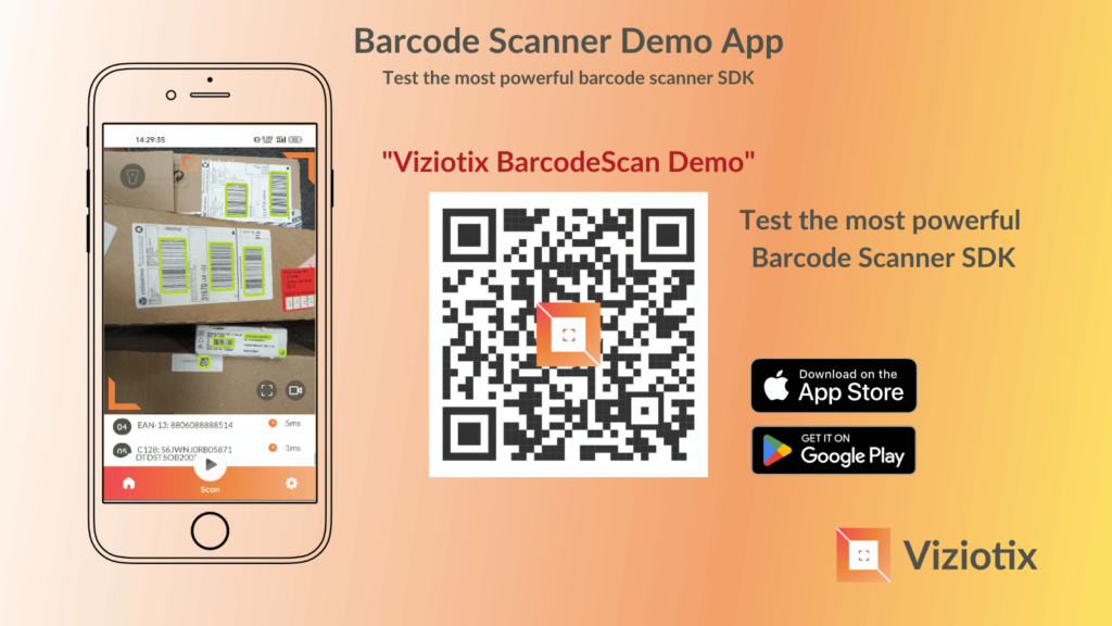 A screenshot of the Viziotix BarcodeScan demo app on a phone and a QR barcode to link to the app stores