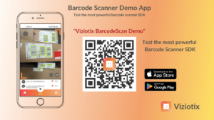 A screenshot of the Viziotix BarcodeScan demo app on a phone and a QR barcode to link to the app stores