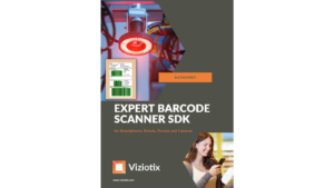 Front cover of the Viziotix datasheet showing a camera used for reading barcodes.