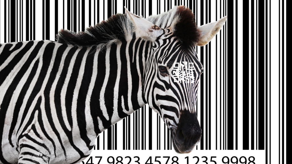 A zebra in front of a barcode background to show the idea of a brief history of the barcode article by Viziotix.