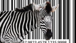 A zebra in front of a barcode background to show the idea of a brief history of the barcode article by Viziotix.