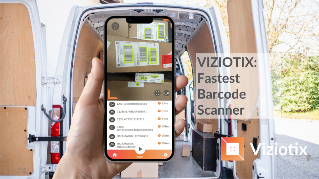 The fastest barcode scanner SDK; an image of a parcel delivery van with the back doors open to show the contents. A smartphone is being held in front and shows on the screen the Viziotix barcode scanner SDK being used to scan barcodes on the parcels.