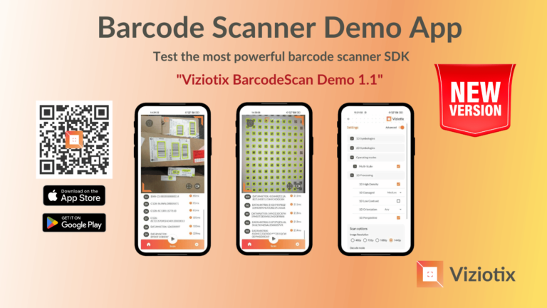 Images of the Viziotix barcode scanner demo app screens. Two screens show barcode scanning. The third screen shows the settings page.