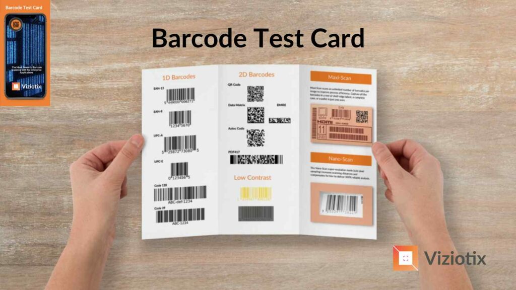 The Viziotix barcode test card shown as a printed trifold brochure with various test barcodes.