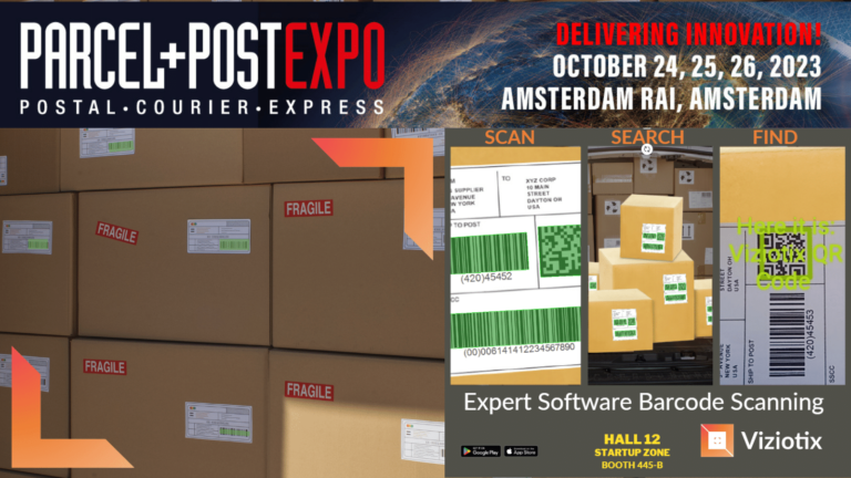Viziotix barcode scanning parcels to advertise that they will be attending ParcelPostEXPO in Amsterdam, Oct 24-26th, 2023.