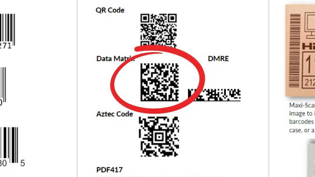 A selection of types of barcode with Data Matrix circled in red.