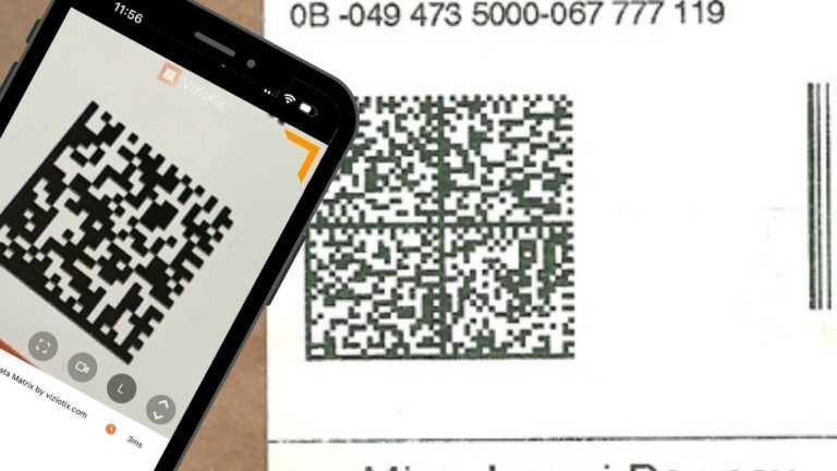 A Data Matrix barcode on a parcel label. A Samrtphone scanner is placed on top of the parcel and shows a Data Matrix barcode on the screen.